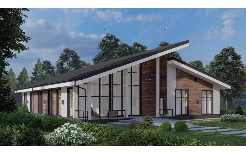 Проект узкого одноэтажного дома с большими окнами, вторым светом и двухместным гаражом - P289