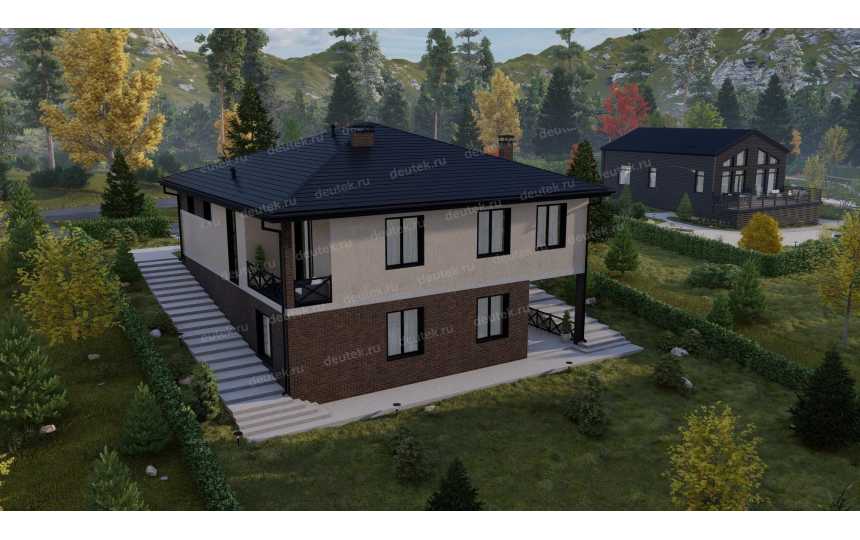 Проект квадратного двухэтажного дома с цоколем и одноместным гаражом - P228