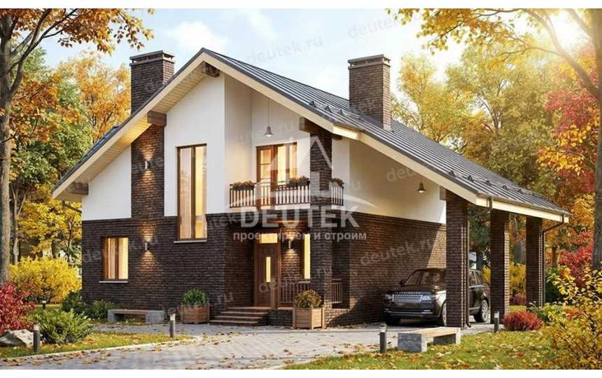 Проект загородного двухэтажного дома с навесом для автомобиля - LK-385