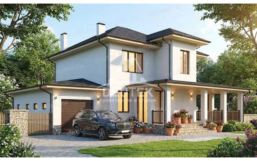 Проект дачного двухэтажного дома с одноместным гаражом - LK-390