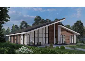 Проект узкого одноэтажного дома с большими окнами, вторым светом и двухместным гаражом - P289