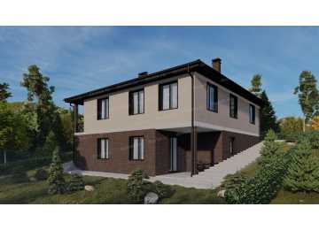 Проект квадратного двухэтажного дома с цоколем и одноместным гаражом - P228