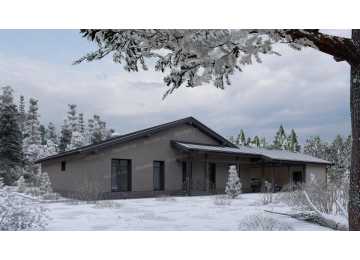 Проект одноэтажного дома с навесом для двух автомобилей и одноместным гаражом - P245