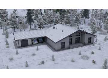 Проект одноэтажного дома с навесом для двух автомобилей и одноместным гаражом - P245