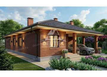 Проект узкого одноэтажного дома с навесом для автомобиля - LK-376