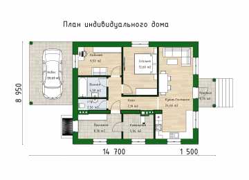 Проект жилого одноэтажного дома с навесом для автомобиля - P251