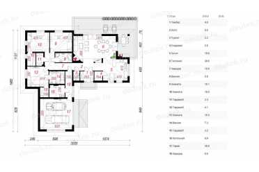 Проект европейского одноэтажного дома с двухместным гаражом и камином 20 на 20 метров DTS100031